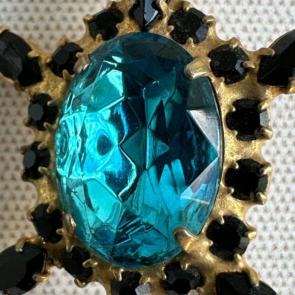 Vintage Turtle Brooch Teal Glass Rhinestones - Picture 7 of 10